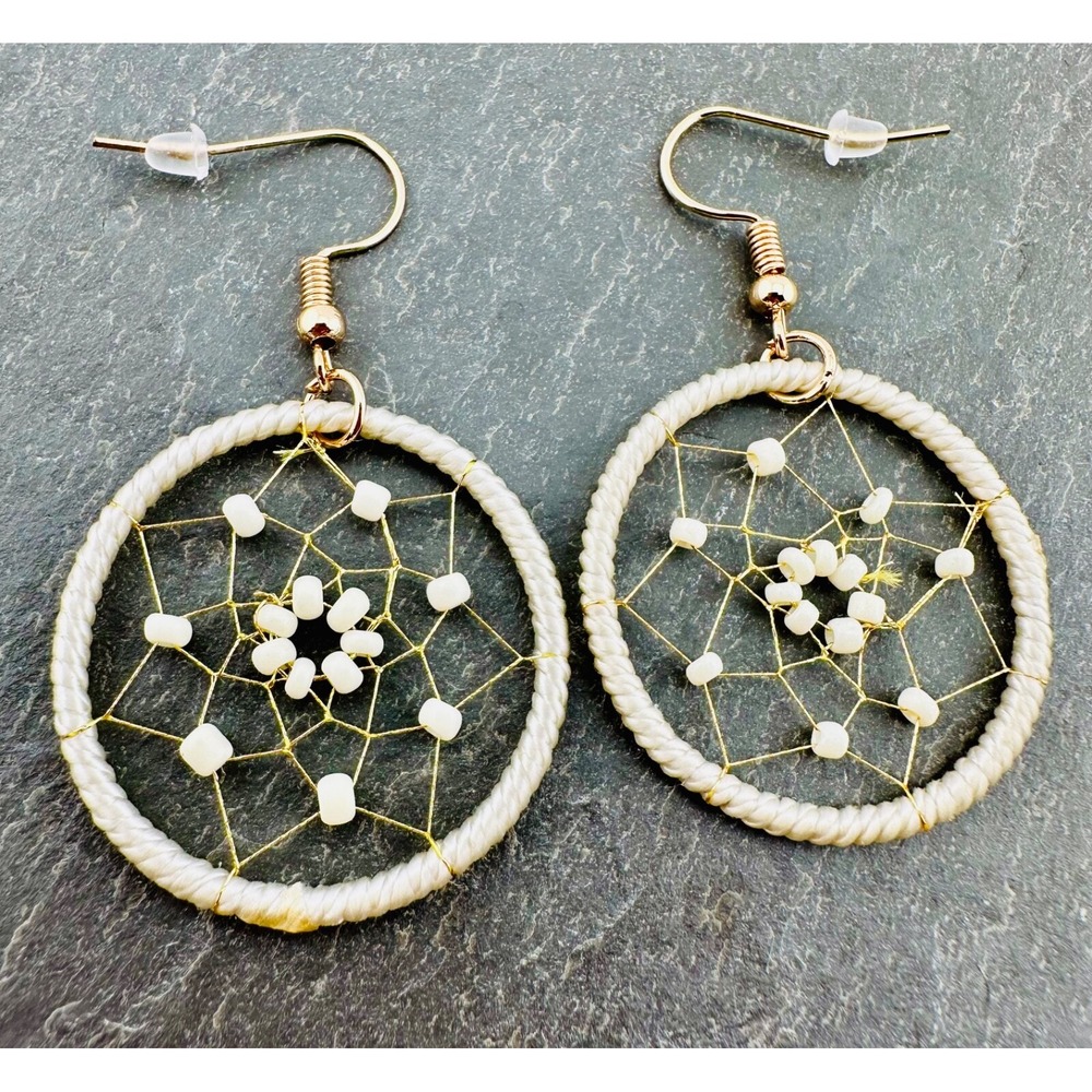 Ivory & Gold Tone Delicate Beaded Dreamcatcher Earrings